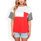 Color Block T-Shirt with Striped Sleeves Front Pocket Detail