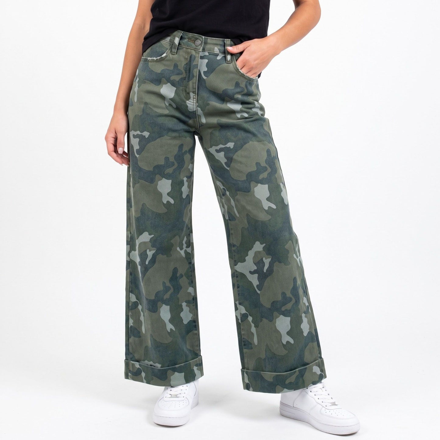 Camo Print High Rise Wide Leg Jeans Cuffed Hem Casual Denim Pants