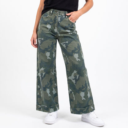 Camo Print High Rise Wide Leg Jeans Cuffed Hem Casual Denim Pants