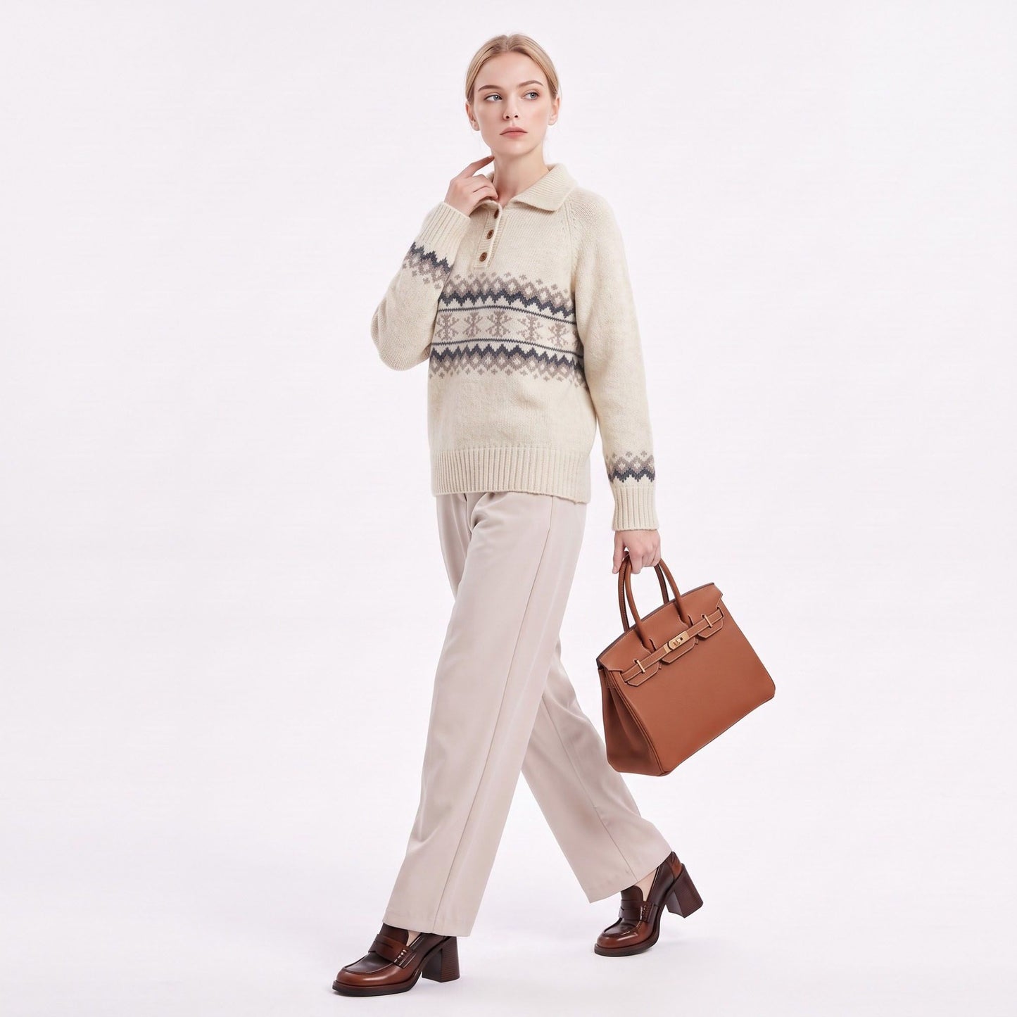 Fair Isle Collared Henley Pullover Sweater