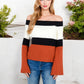 Off-Shoulder Ribbed Sweater with Color Block Flared Sleeves