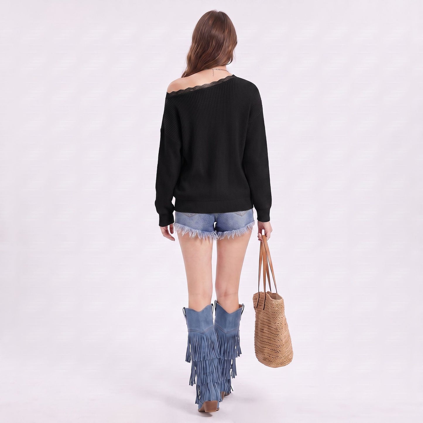 Lace Trim V Neck Long Sleeve Knit Pullover Sweater