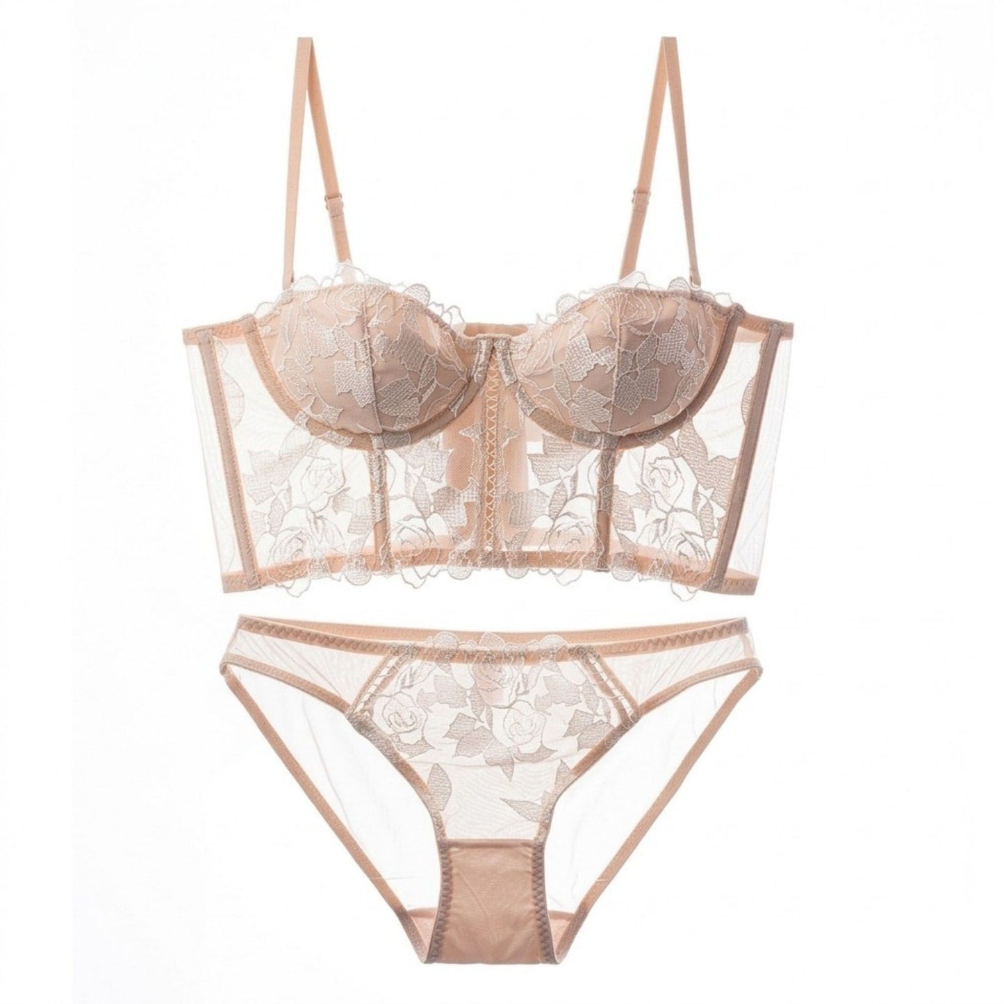 2 Piece Rose Lace Longline Underwire Bra and Panty Lingerie Set