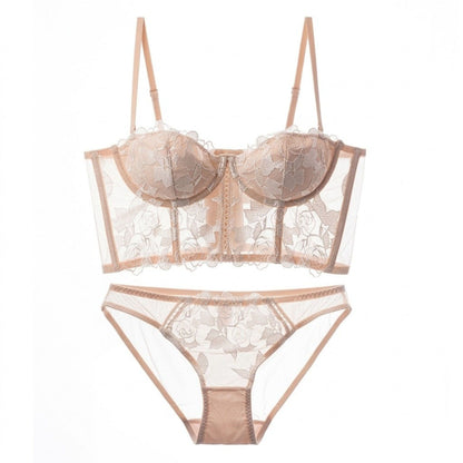 2 Piece Rose Lace Longline Underwire Bra and Panty Lingerie Set