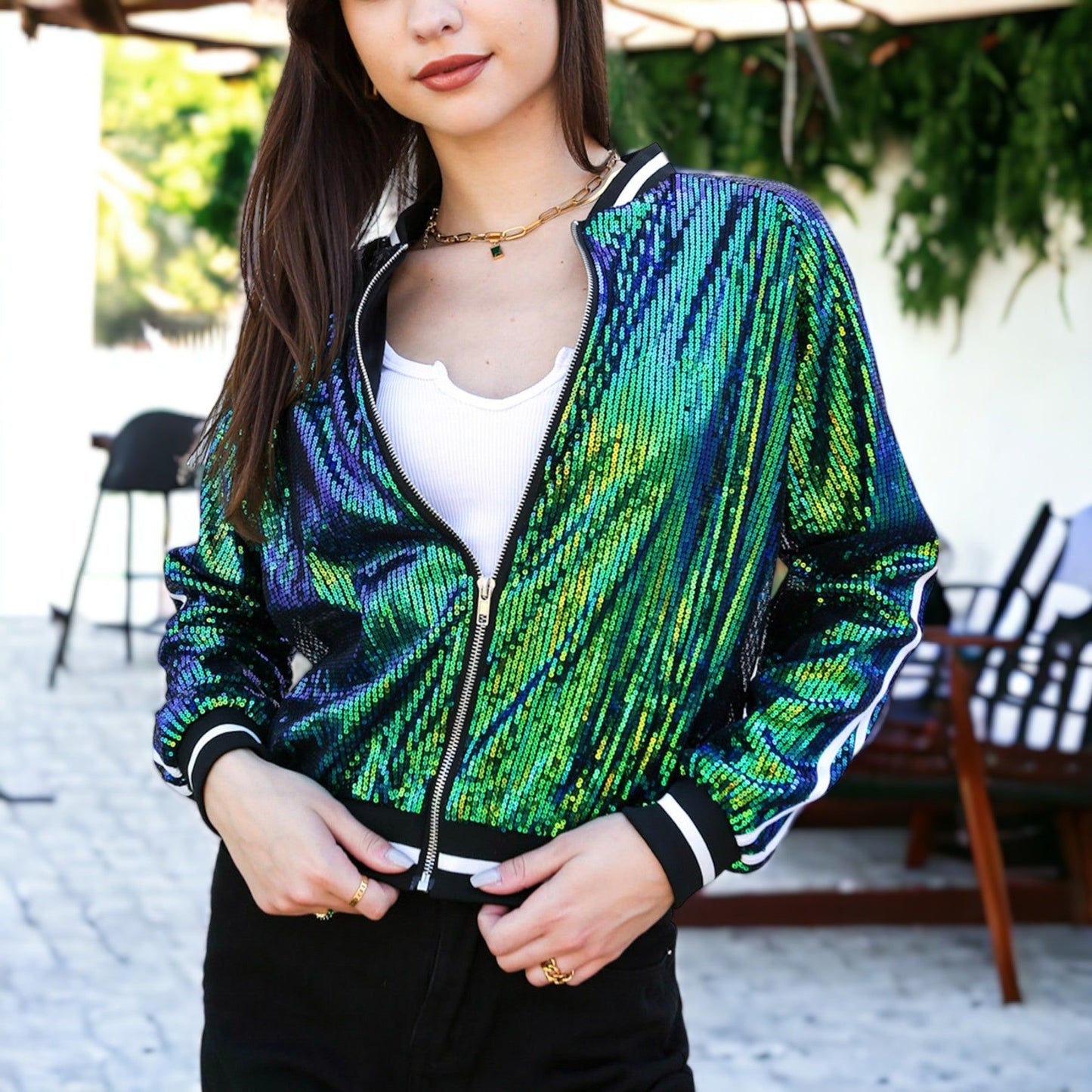 Striped Long Sleeve Sequin Varsity Jacket