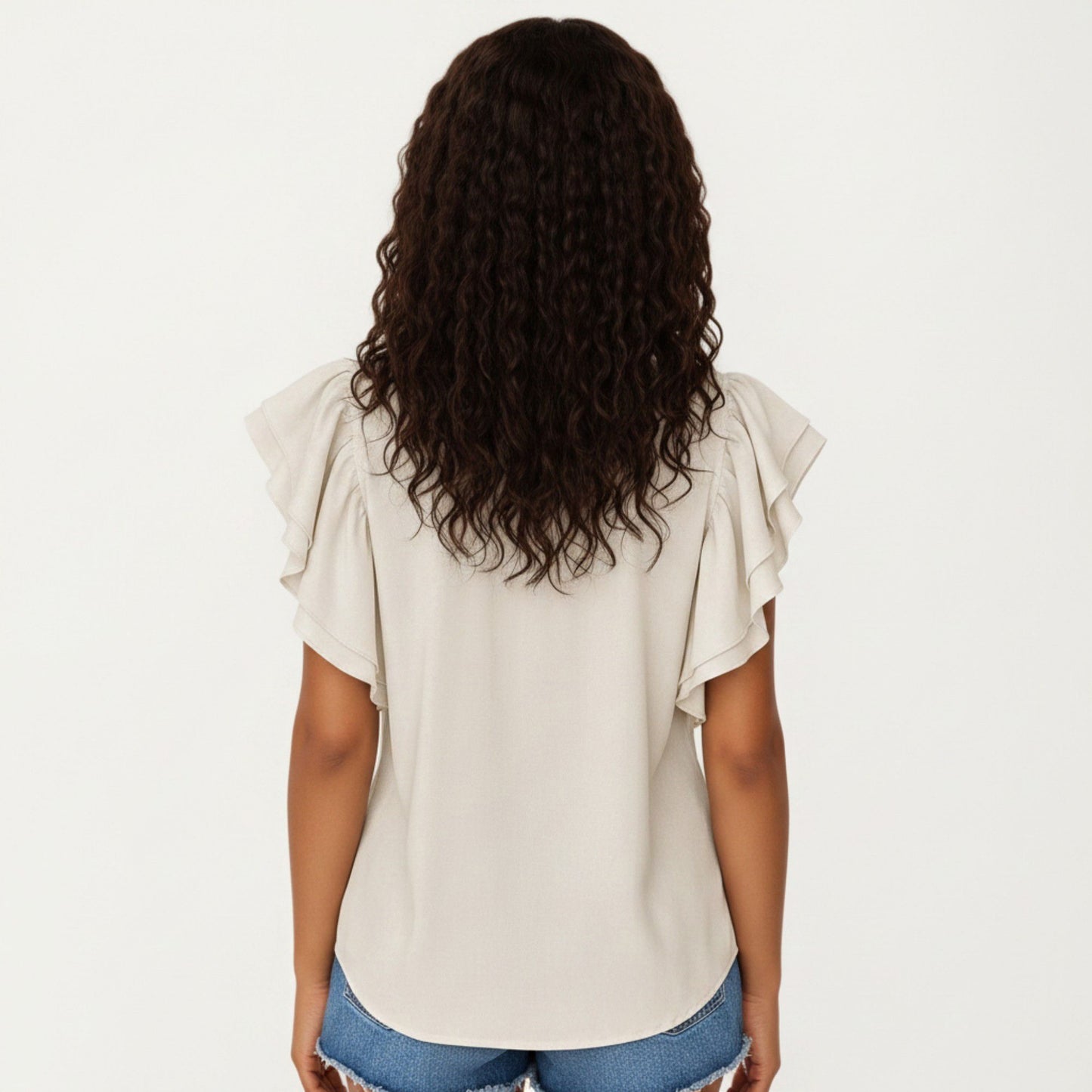 Ruffle Flutter Sleeve Button Down Blouse with Tie Neck