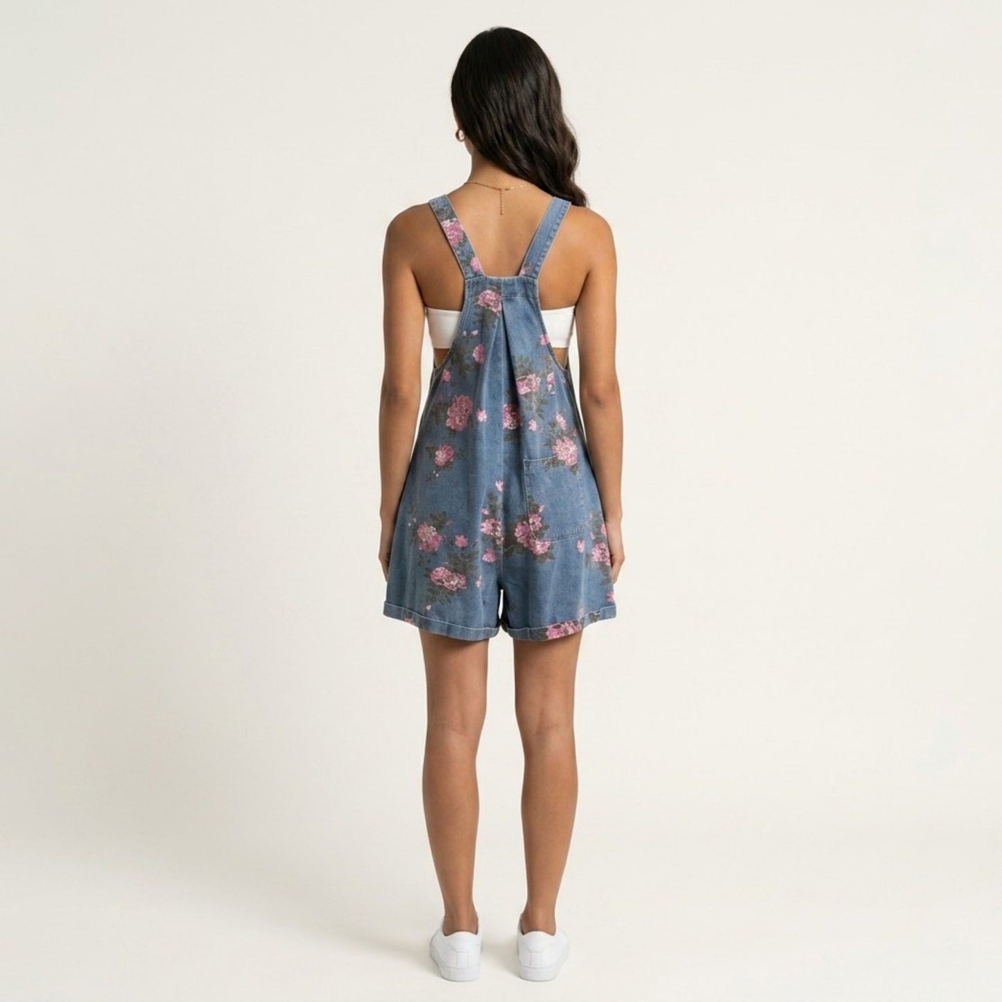 Floral Denim Overall Romper Adjustable Strap Sleeveless Shortalls Loose Fit