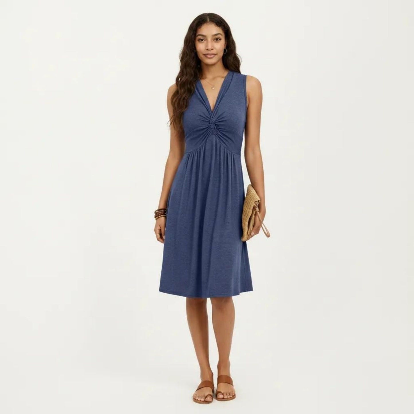 Sleeveless V Neck Midi Dress with Front Twist Detail and Flowy A Line Silhouette