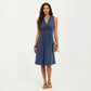 Sleeveless V Neck Midi Dress with Front Twist Detail and Flowy A Line Silhouette