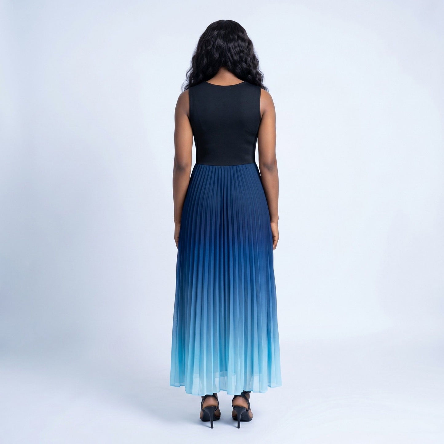 Sleeveless High Neck Pleated Ombre A-Line Maxi Dress with Flowy Skirt