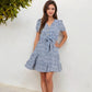 Short Sleeve V-Neck Button Front Dress Tie Waist Skirt