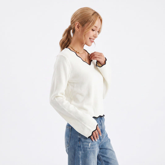 Contrast Trim V Neck Sweater Flare Sleeve Scalloped Hem Knit Pullover