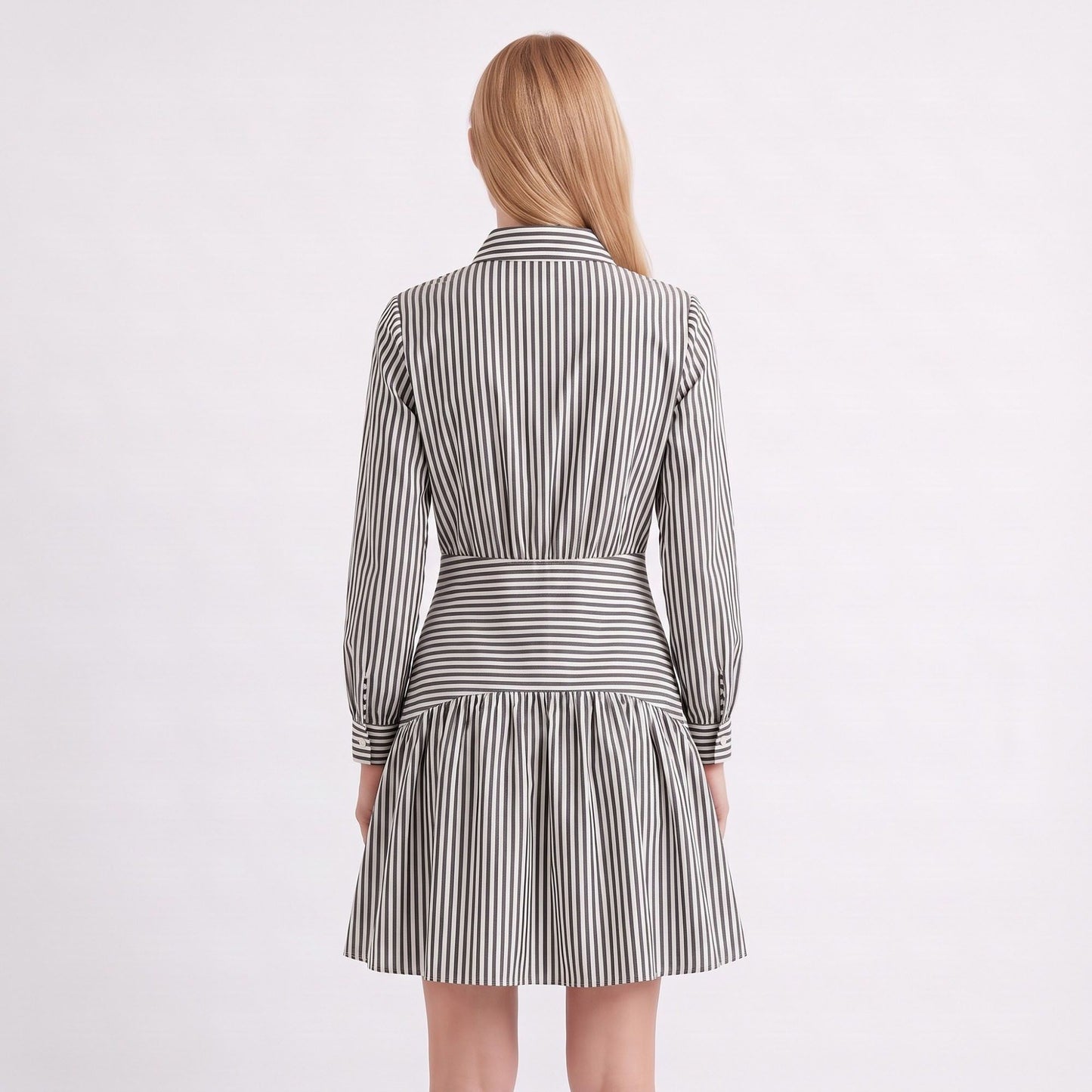 Striped Long Sleeve Collared Shirt Dress with Drop Waist