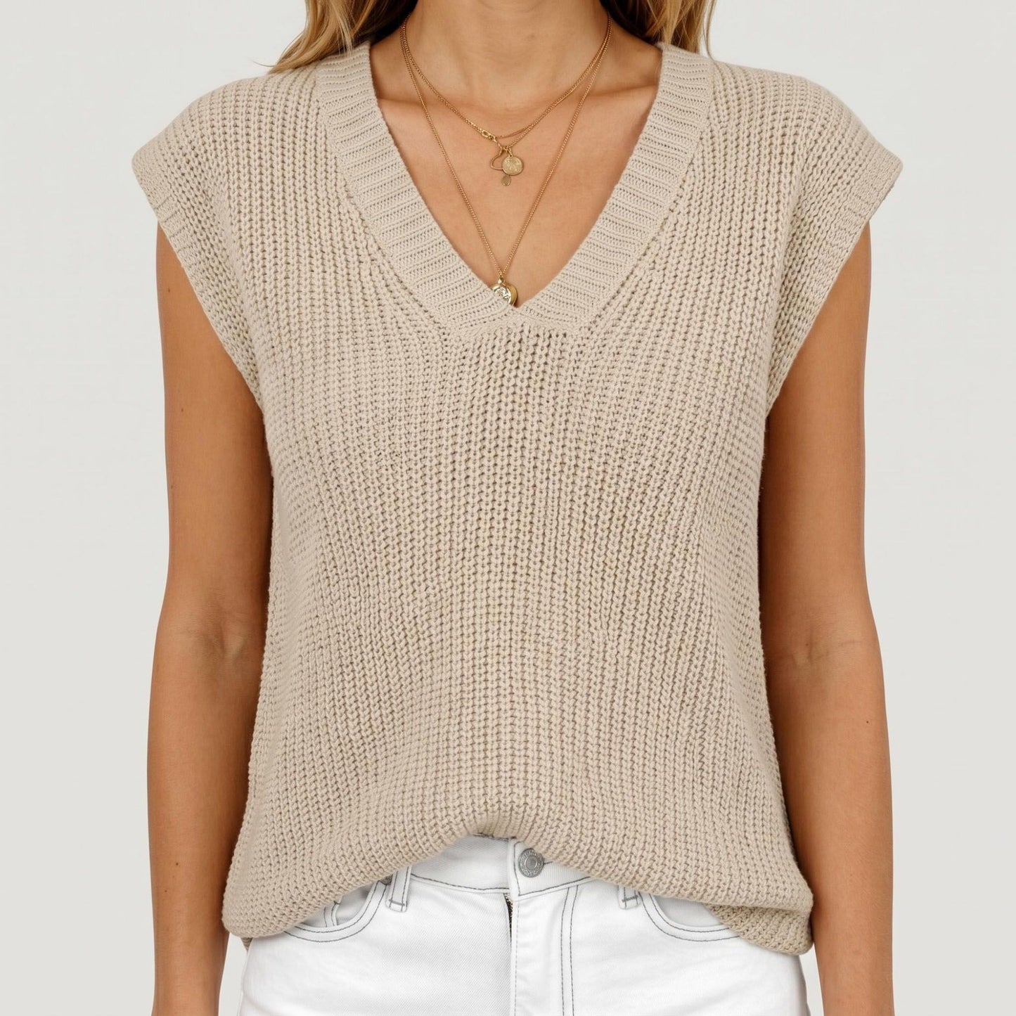 Sleeveless Knit Sweater Vest with V Neck Ribbed Trim Relaxed Fit Textured Pullover Top