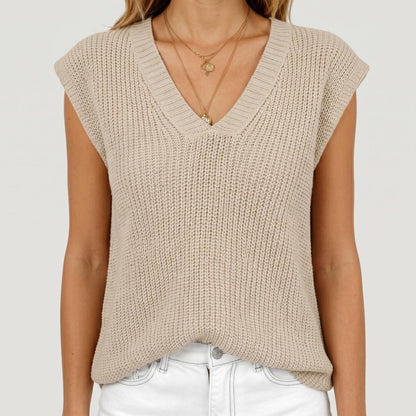 Sleeveless Knit Sweater Vest with V Neck Ribbed Trim Relaxed Fit Textured Pullover Top