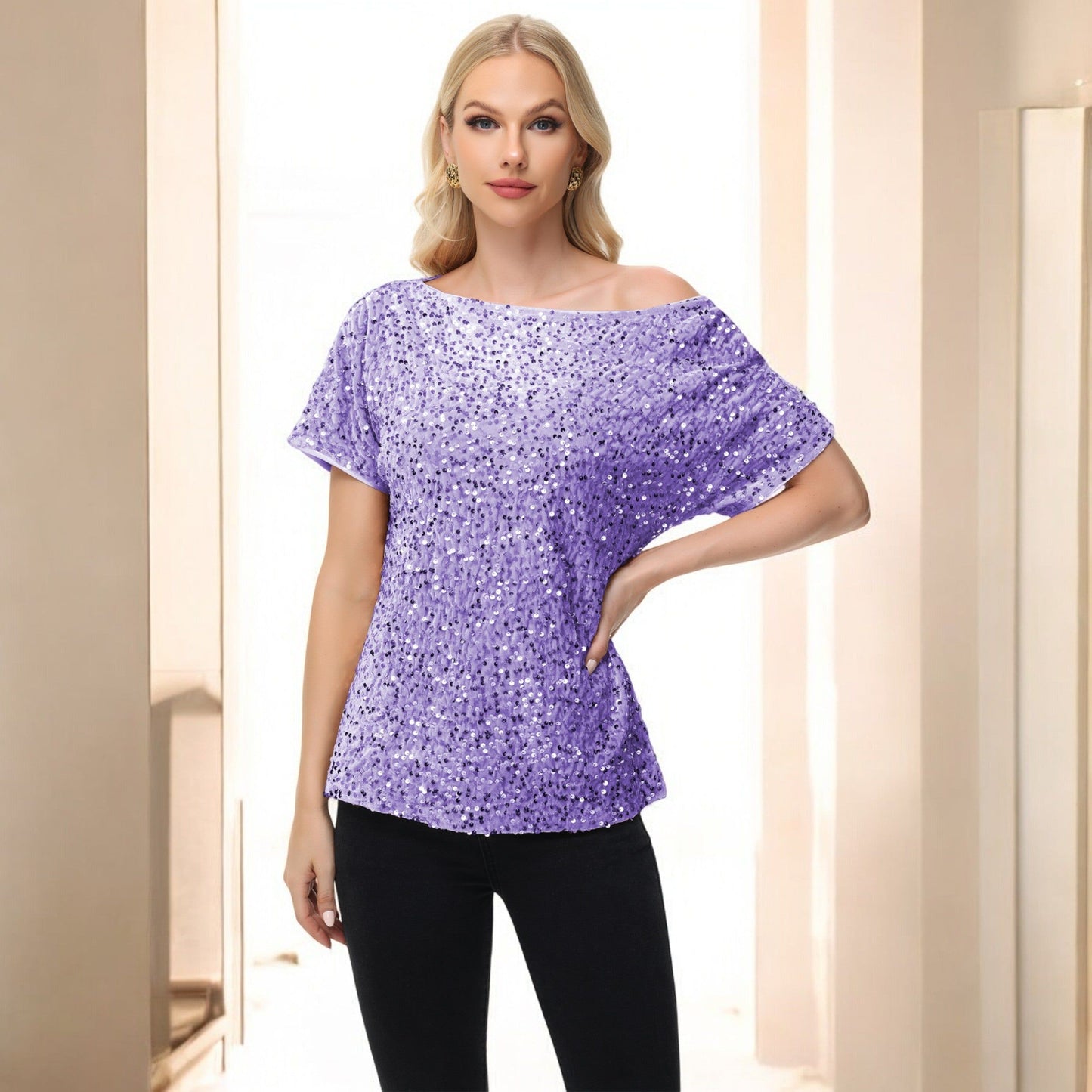 Off-Shoulder Sequin Short Sleeve Top with Relaxed Fit