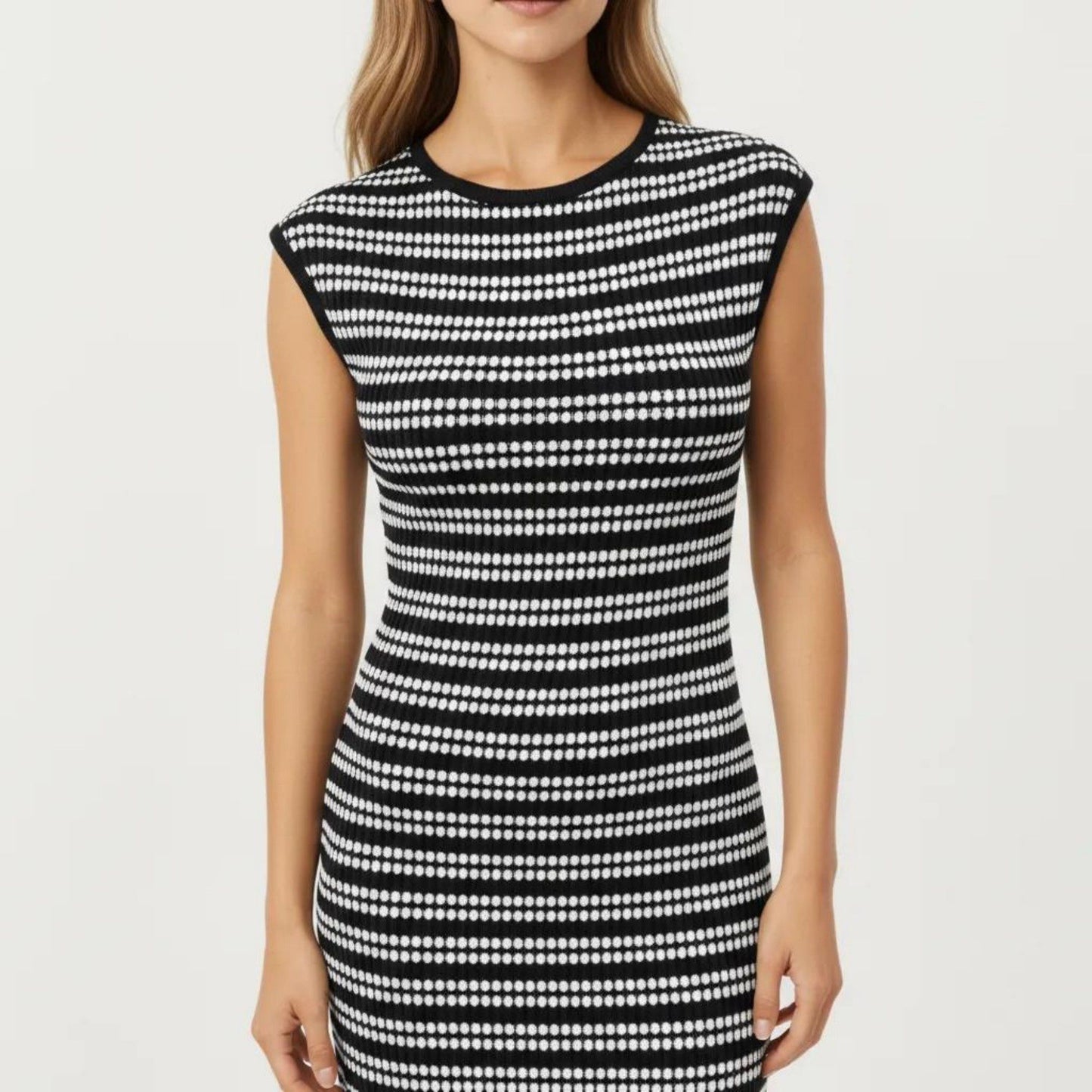 Sleeveless Crew Neck Striped Knit Column Maxi Dress