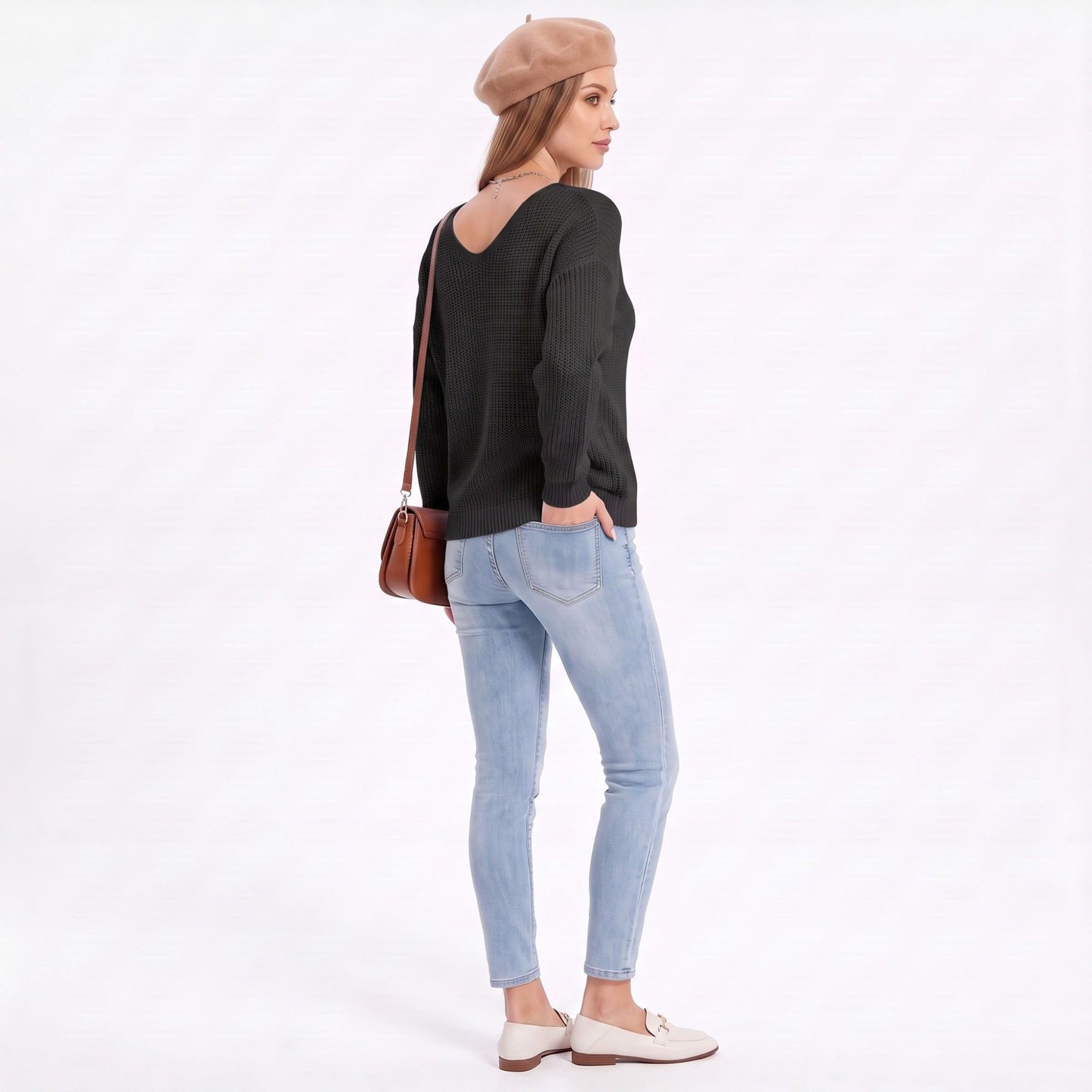 V Neck Textured Knit Pullover Sweater with Long Sleeves
