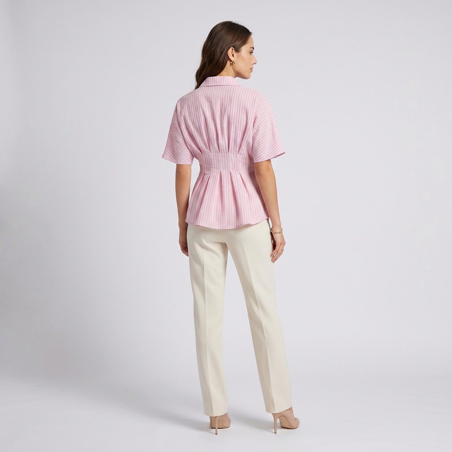 Striped Button Front Peplum Blouse with Collared Neck and Pleated Hem