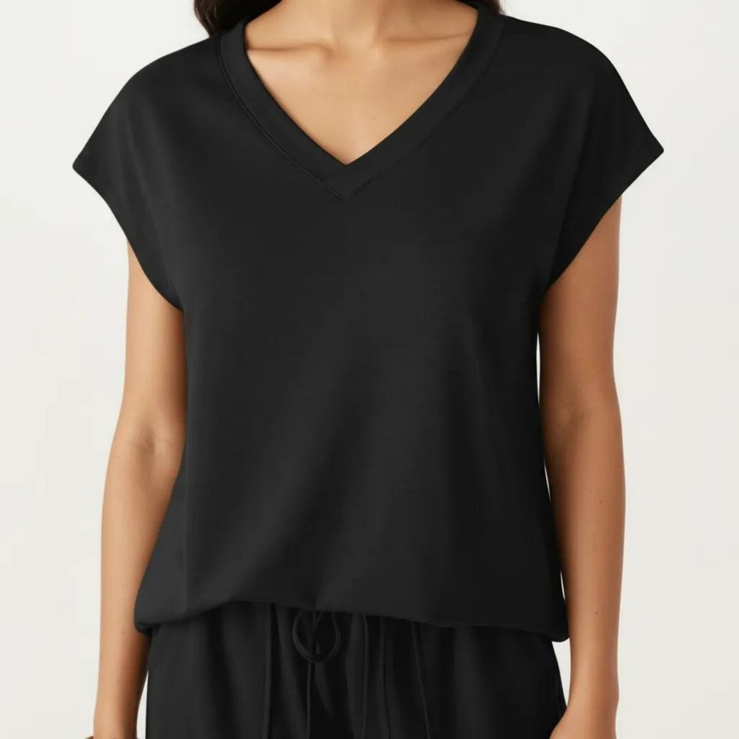 2-Piece Set Short Sleeve V Neck Top and Drawstring Shorts with Pockets Relaxed Fit Lounge Set