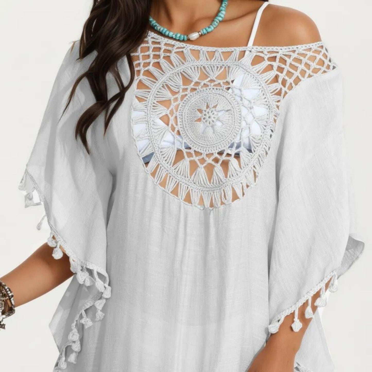Crochet Medallion Swim Cover Up Dress with Tassel Trim and Relaxed Boho Silhouette