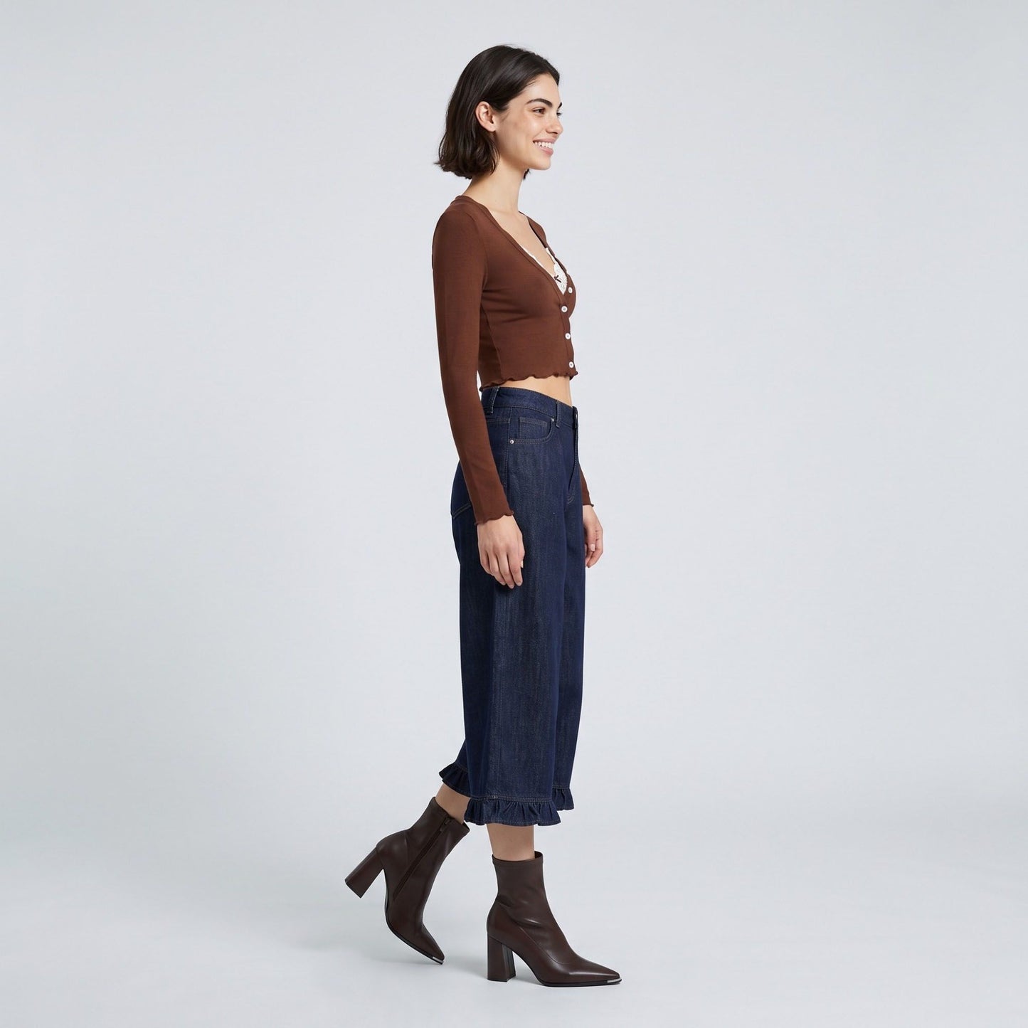 High-Waisted Dark Wash Ruffle Hem Cropped Wide-Leg Denim Trousers