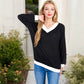 V-Neck Waffle Knit Long Sleeve Top Contrast Trim Relaxed Fit