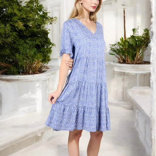 V-Neck Floral Print Ruffle Hem Dress with Short Sleeves