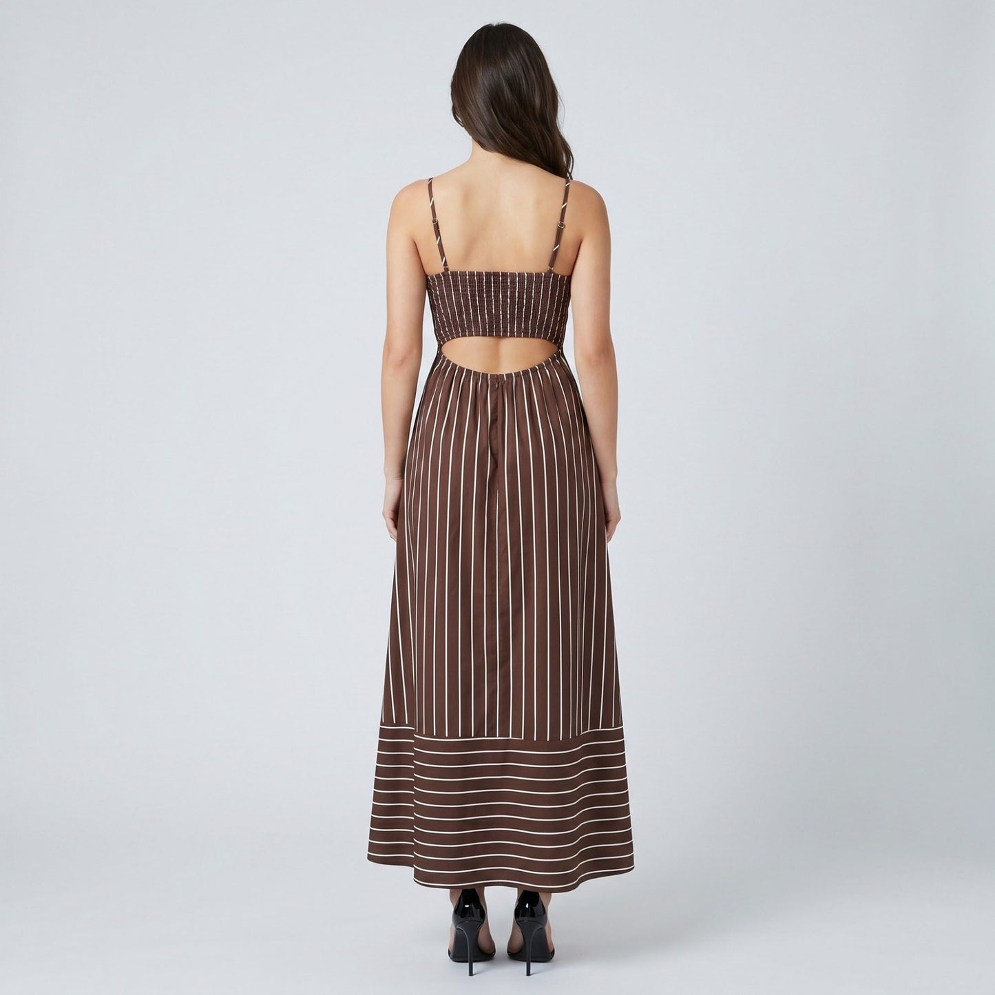 Striped Square Neck Sleeveless Maxi Dress with Fitted Bodice Adjustable Straps and Flowy Tiered A-Line Skirt