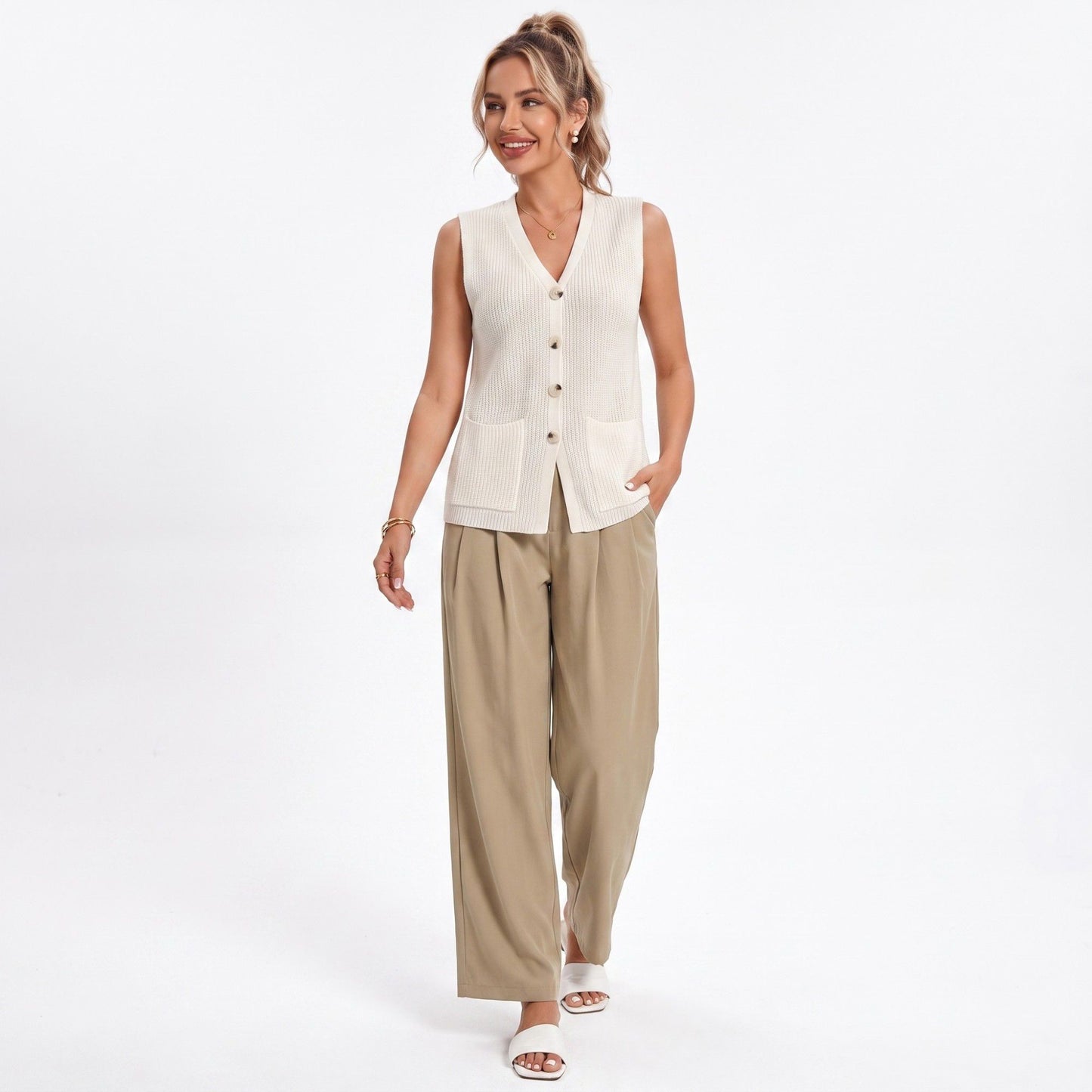 Button Front Sweater Vest V Neck Sleeveless Knit Pocket Top