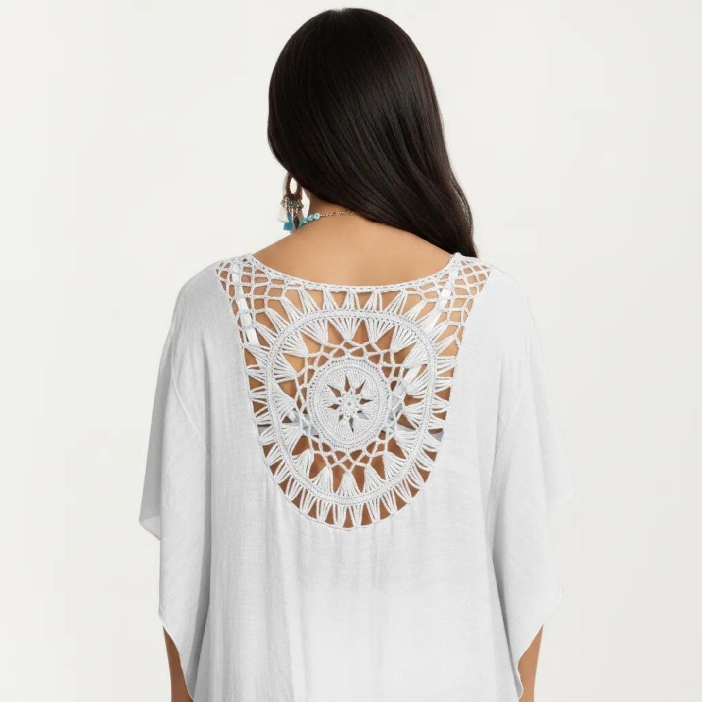 Crochet Medallion Swim Cover Up Dress with Tassel Trim and Relaxed Boho Silhouette