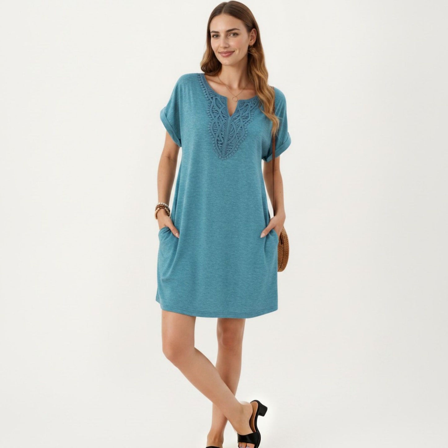 Short Sleeve Shift Dress with Split V Neck Embroidered Detail Relaxed Fit Casual Tunic Dress