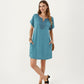Short Sleeve Shift Dress with Split V Neck Embroidered Detail Relaxed Fit Casual Tunic Dress
