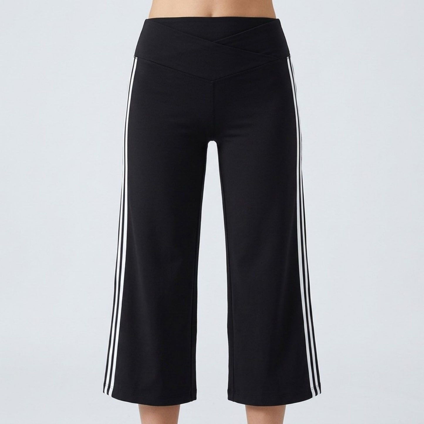 Crossover Waistband Side-Stripe Cropped Wide-Leg Trousers