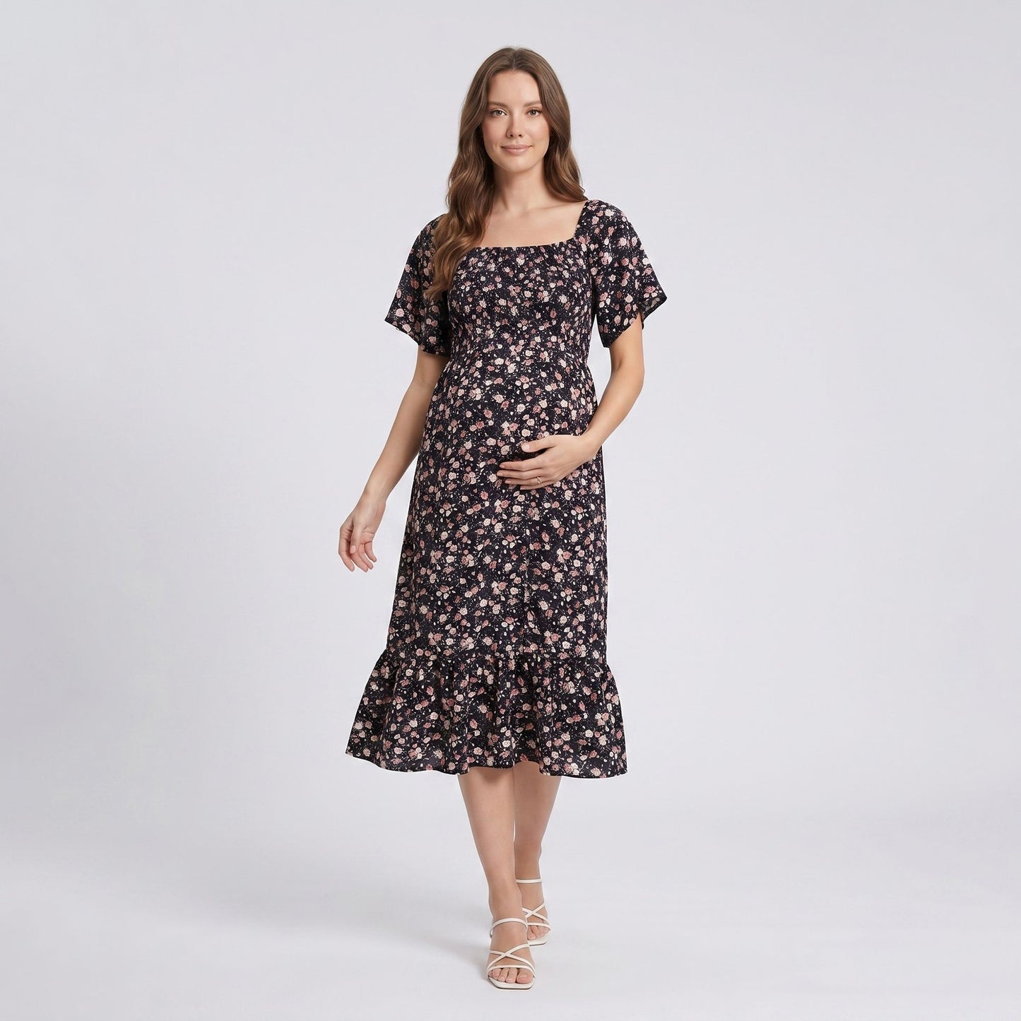 Maternity Floral Square Neck Midi Dress with Short Sleeves and Ruffle Hem