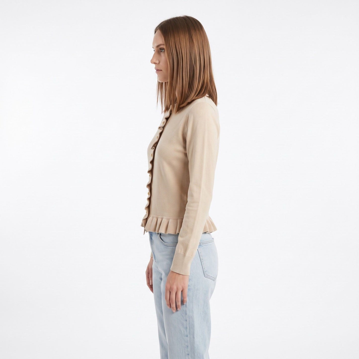 Ruffle Trim Button Front Peplum Cardigan Sweater