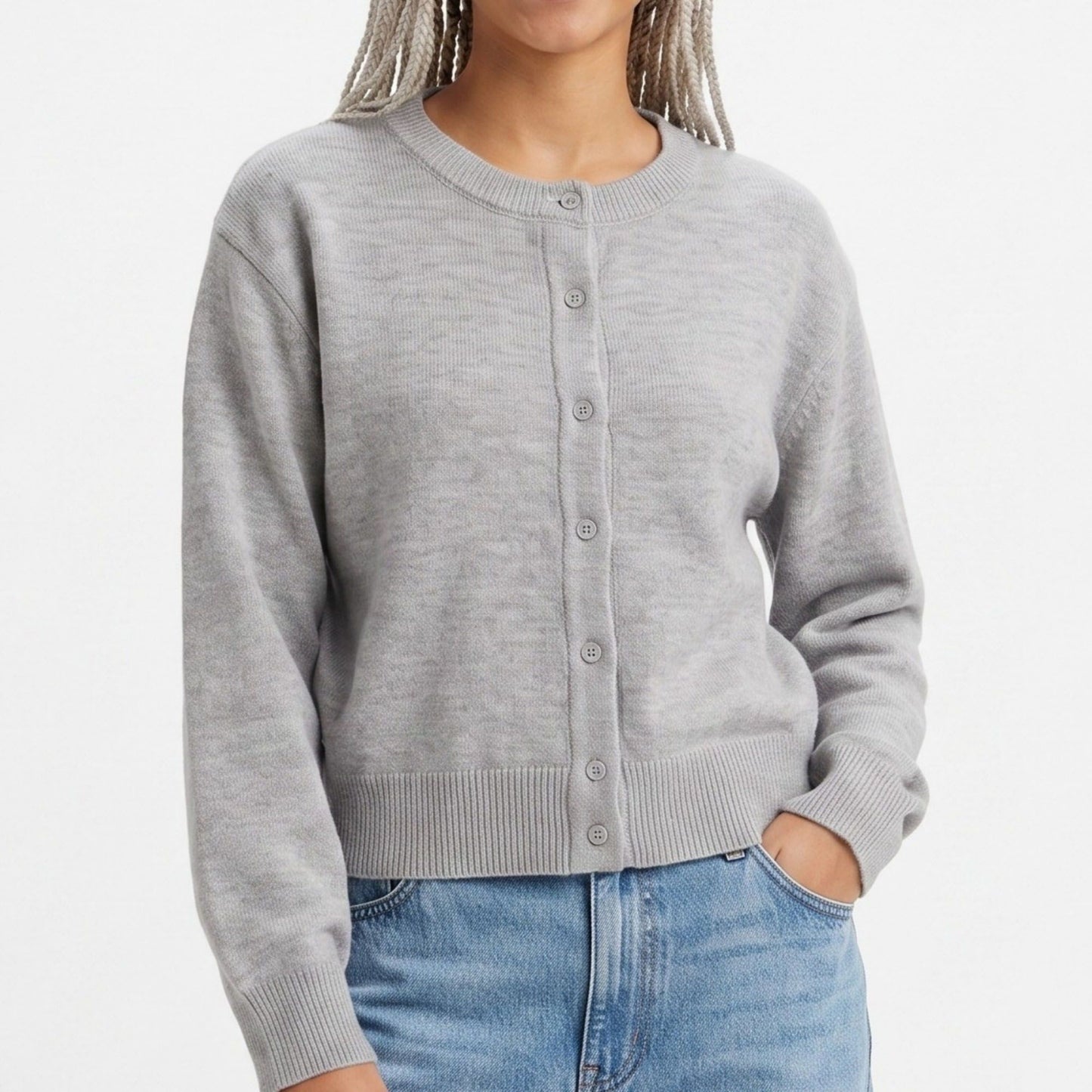 Crewneck Button-Front Knit Cardigan Sweater