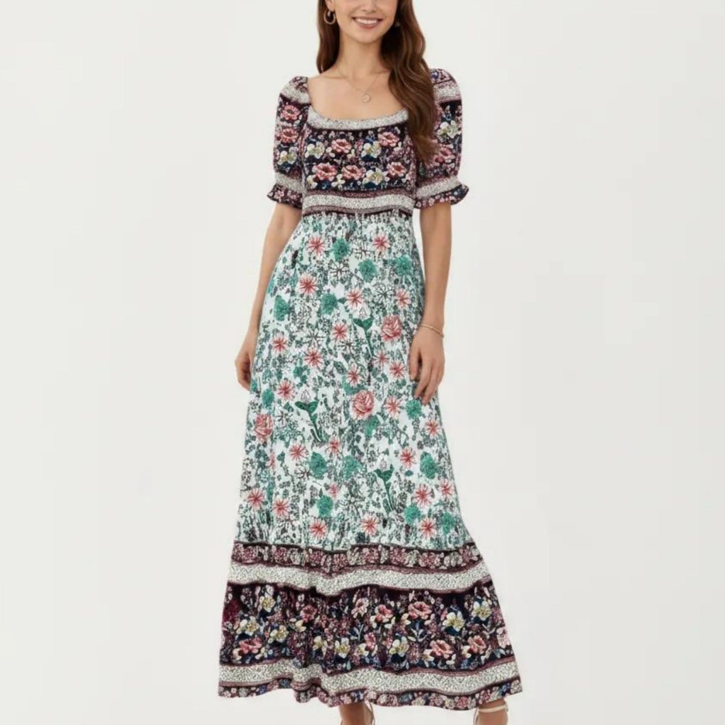 Puff Sleeve Maxi Dress with Mixed Floral Print and Border Hem