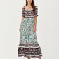 Puff Sleeve Maxi Dress with Mixed Floral Print and Border Hem
