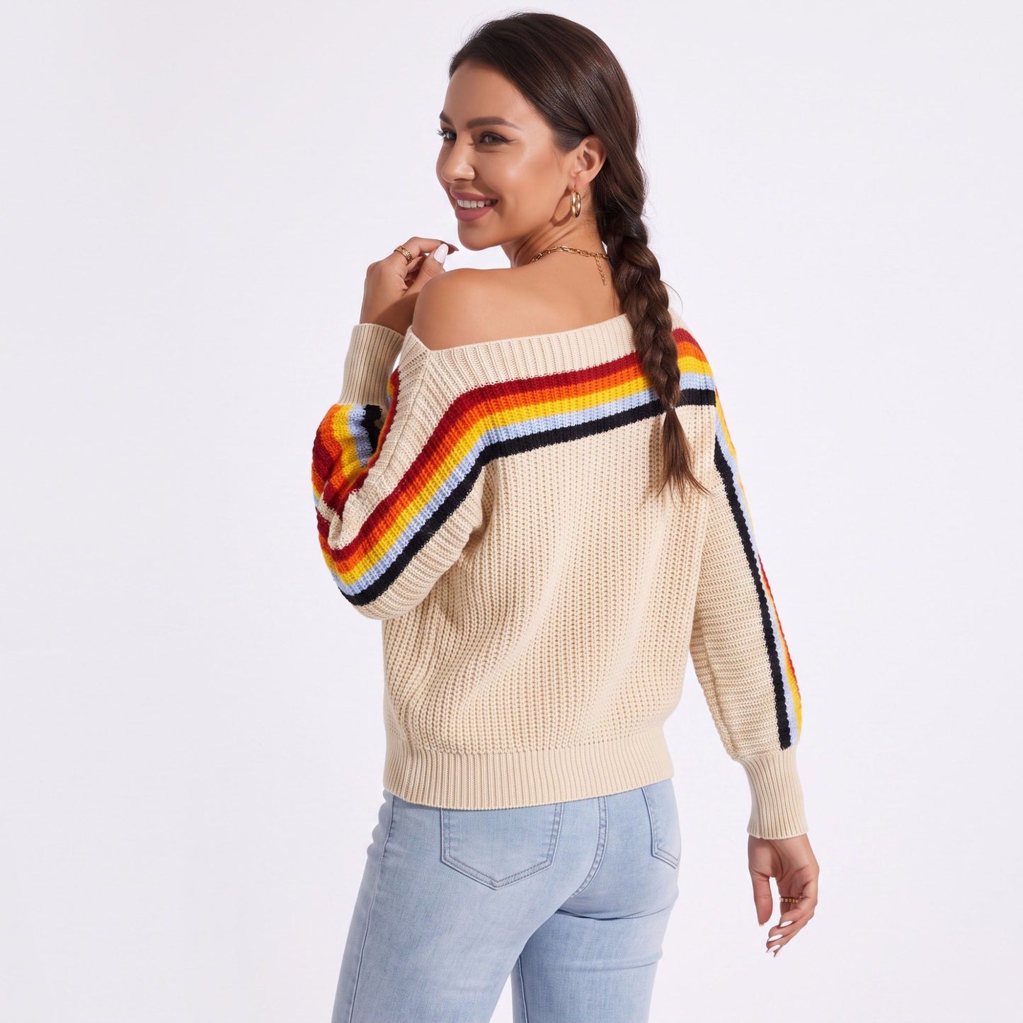Rainbow Stripe One Shoulder Balloon Sleeve Knit Sweater
