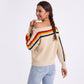 Rainbow Stripe One Shoulder Balloon Sleeve Knit Sweater
