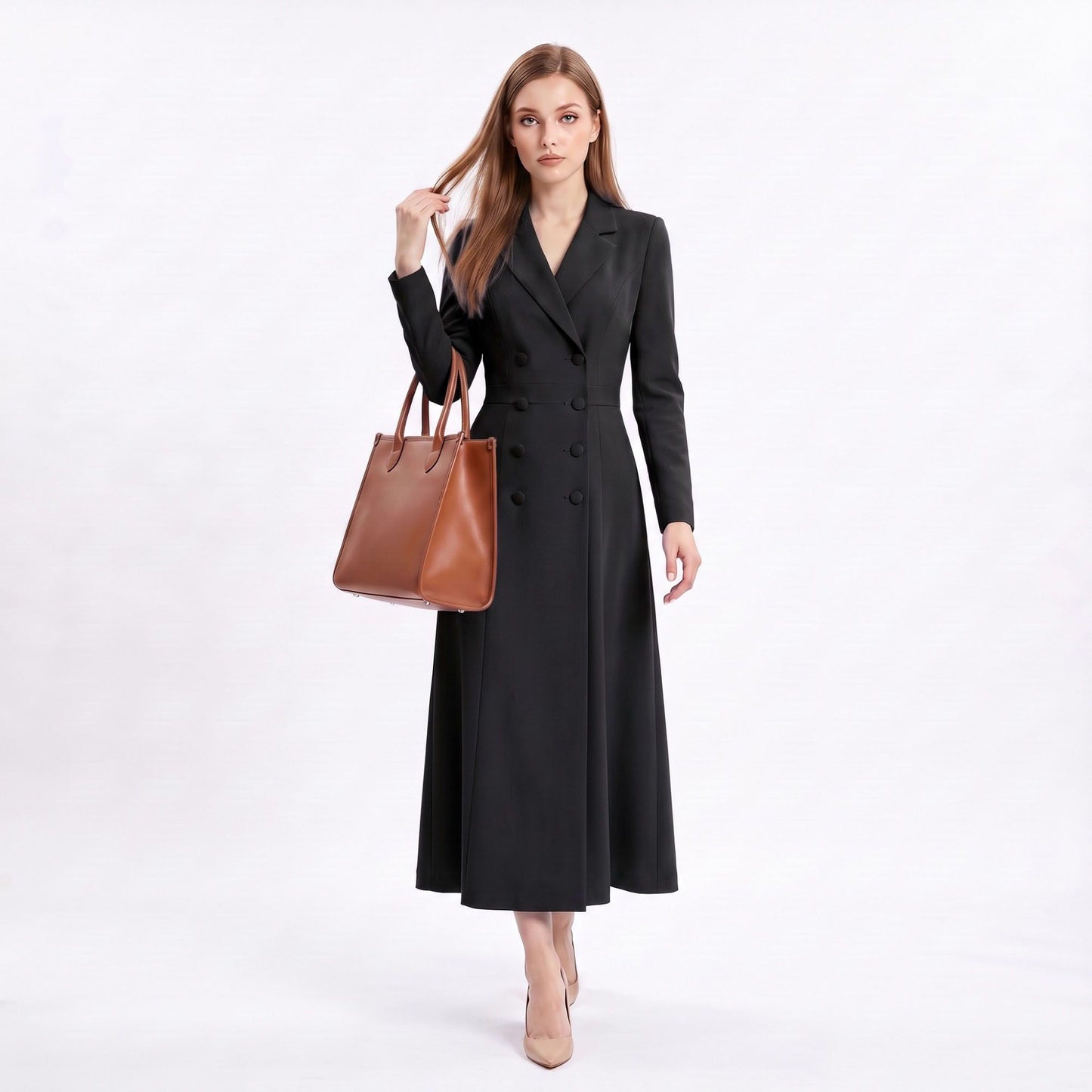 Long Sleeve Double Breasted Blazer Midi Dress with Notched Lapels