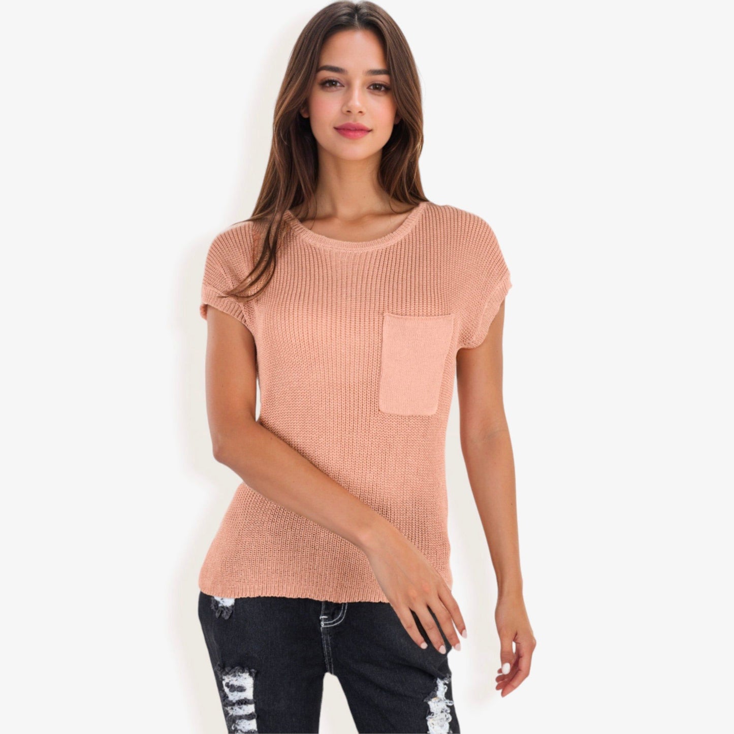 Sleeveless Knit Top with Ribbed Texture Front Patch Pocket