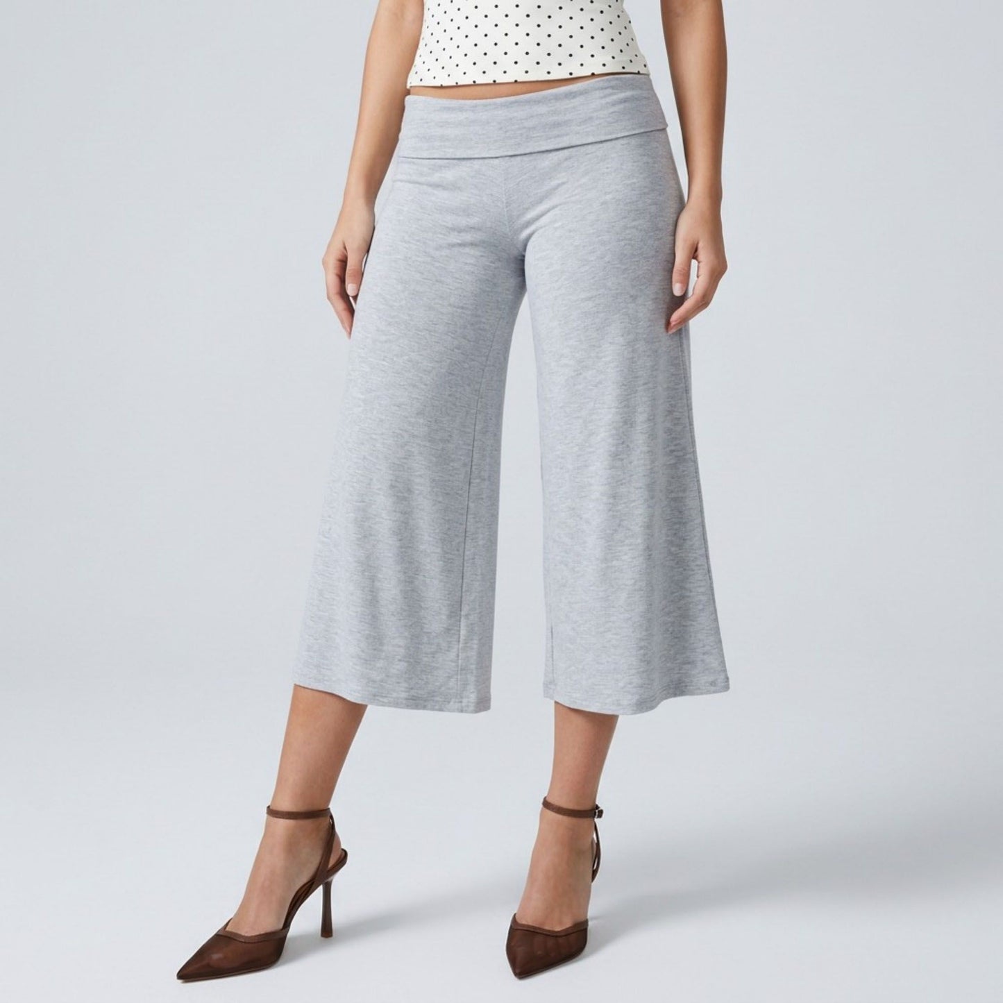Foldover Waistband Cropped Wide-Leg Trousers