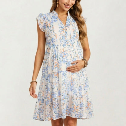 Floral Print Maternity Dress with Flutter Sleeves and Tiered Skirt