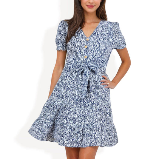 Short Sleeve V-Neck Button Front Dress Tie Waist Skirt