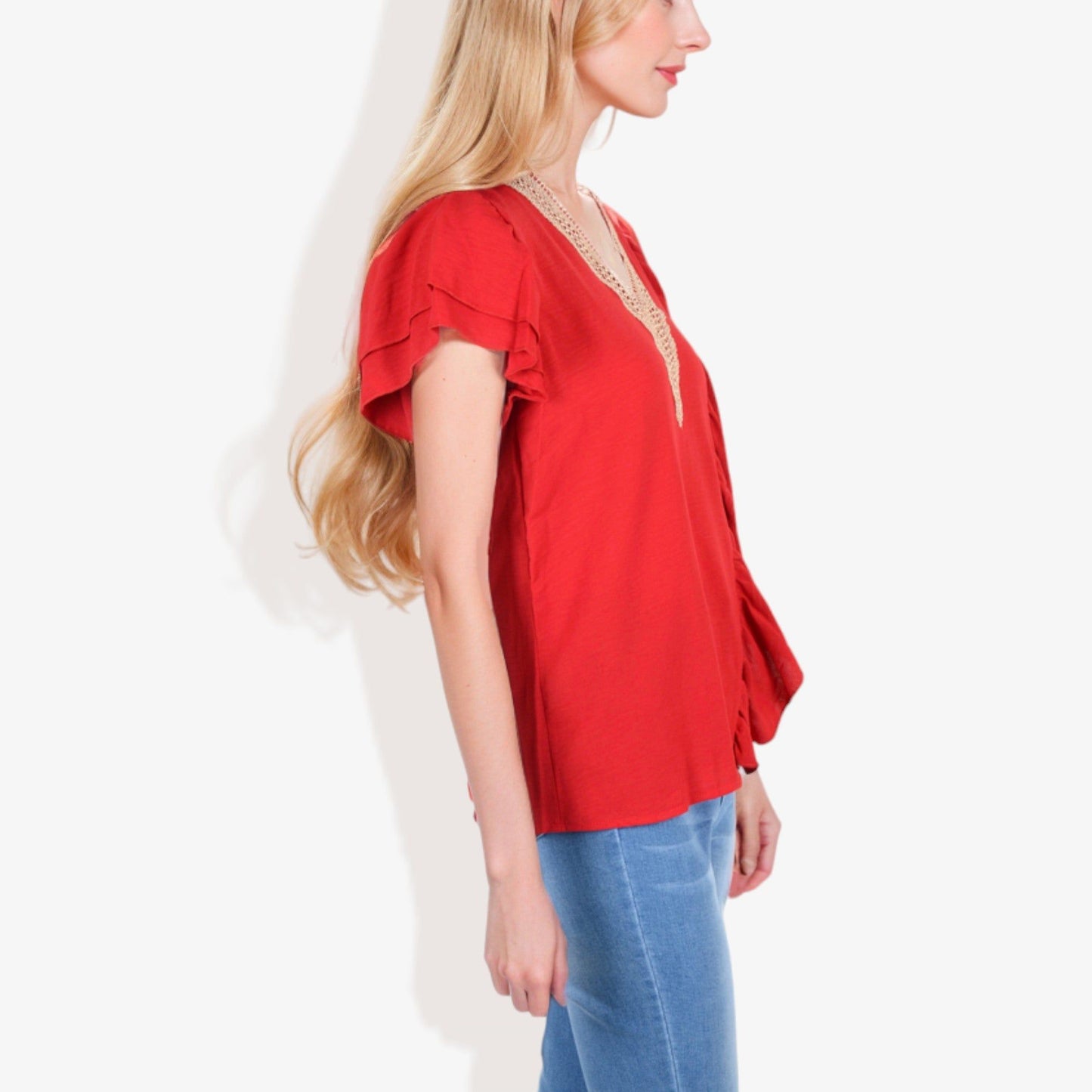 V-Neck Ruffle Sleeve Top with Lace Trim