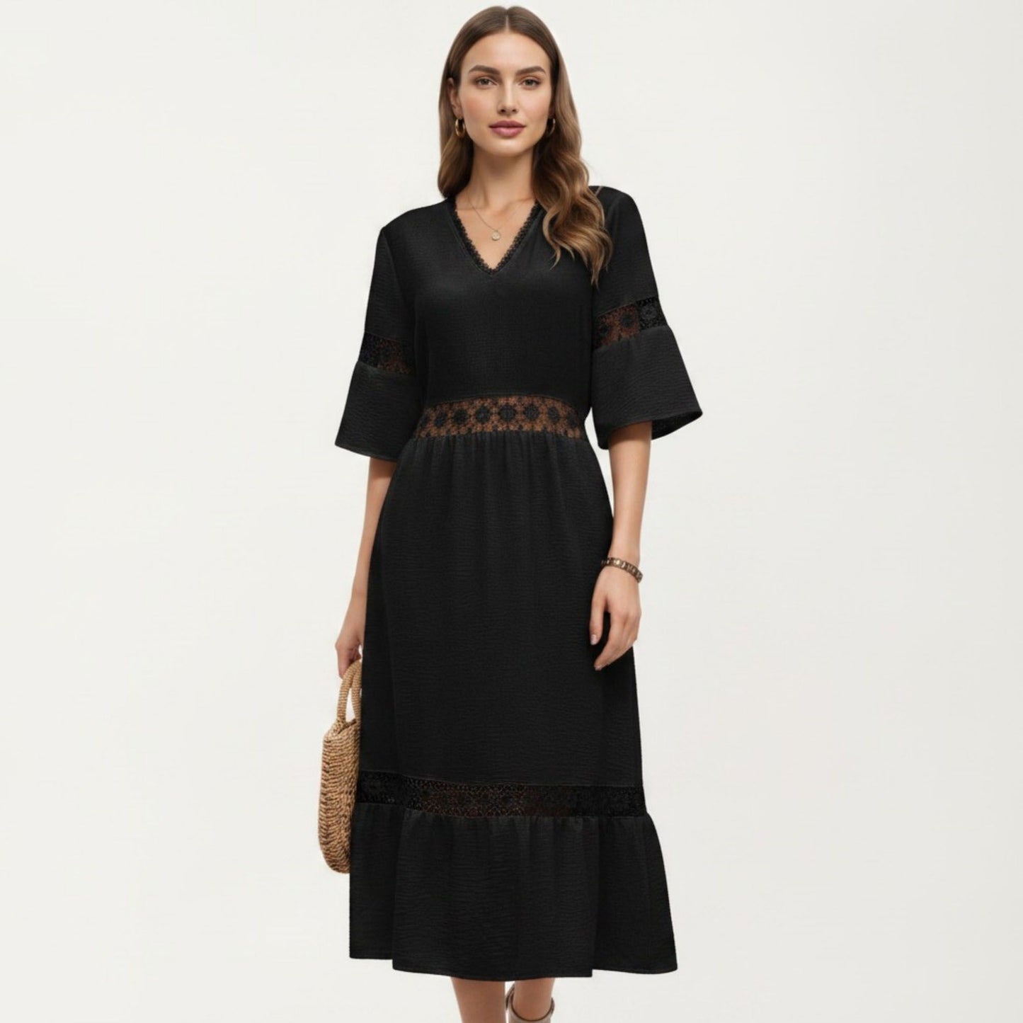 V Neck Midi Dress with Lace Trim Paneling and Short Wide Sleeves Flowing Silhouette