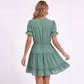 Swiss Dot V-Neck Lace Trim Tiered Ruffle Mini Dress