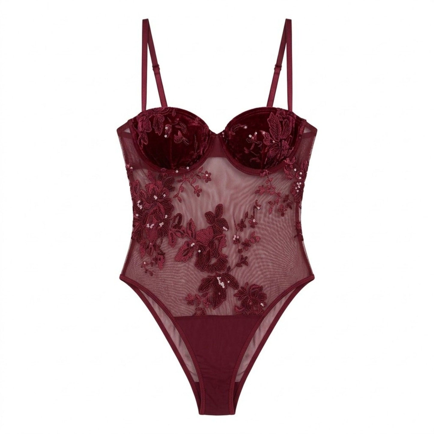 Floral Sequin Mesh Bodysuit with Underwire Cups and Adjustable Straps